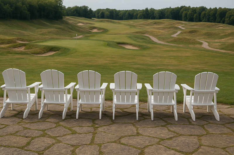 Row of white Adirondack chairs on a stone patio overlooking a golf course with greenery.