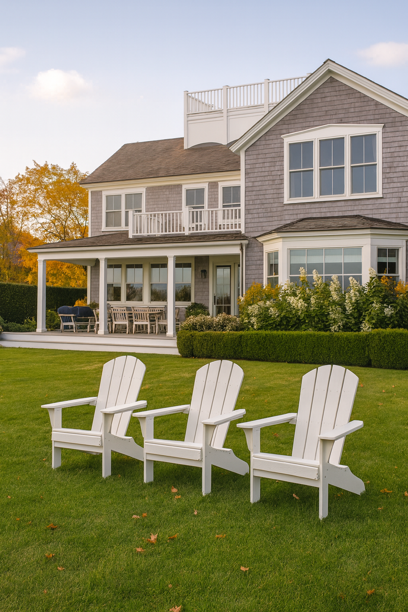 White Adirondack chairs on a grassy lawn in front of a house with a deck.